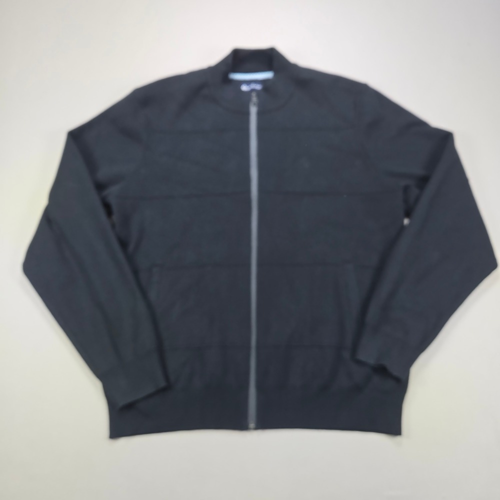Robert Graham Cardigan Sweater Full Zip Mock Neck Ribbed Black Mens Large L